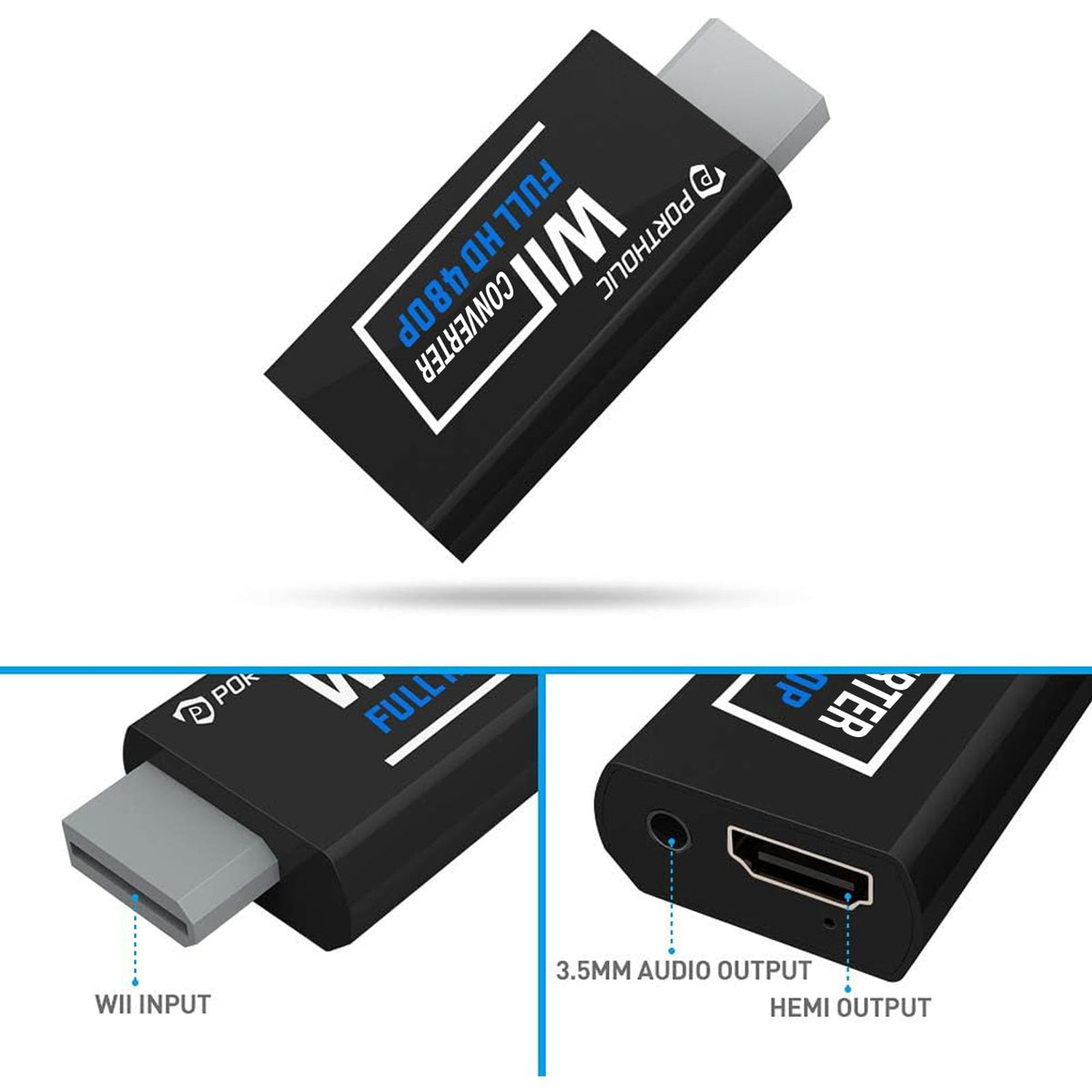 Wii to HDMI Adapter, PORTHOLIC 1080P/720p Wii HDMI Converter with 3ft HDMI Cable and 3,5mm Audio Video Output Jack Compatible for All Wii Display Modes