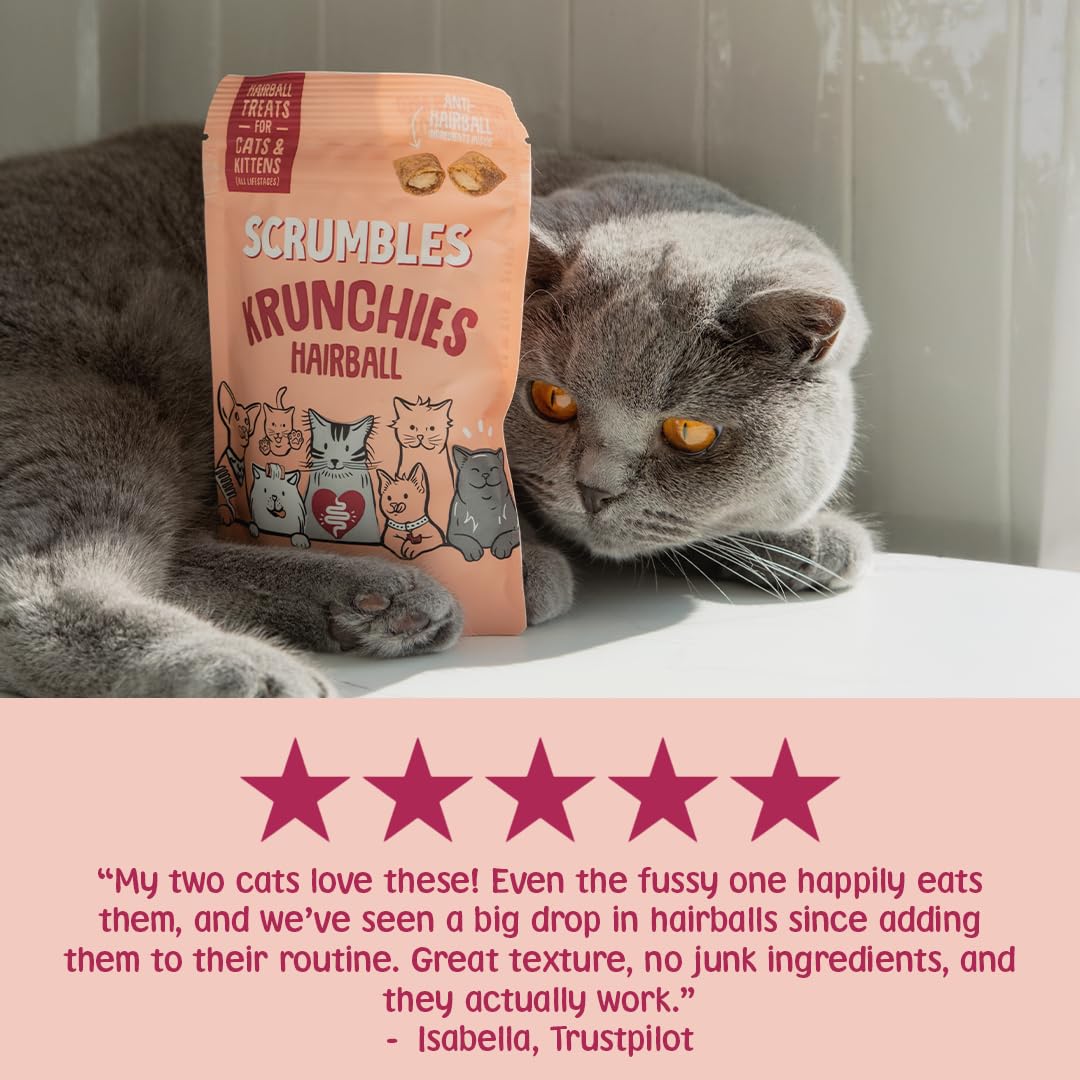 Scrumbles • Cat Treats • Krunchies • Calming • All Lifestages • 60g Bag • Hypoallergenic • No Added Sugar • Valerian & Chamomile • Gluten Free • Low Calories