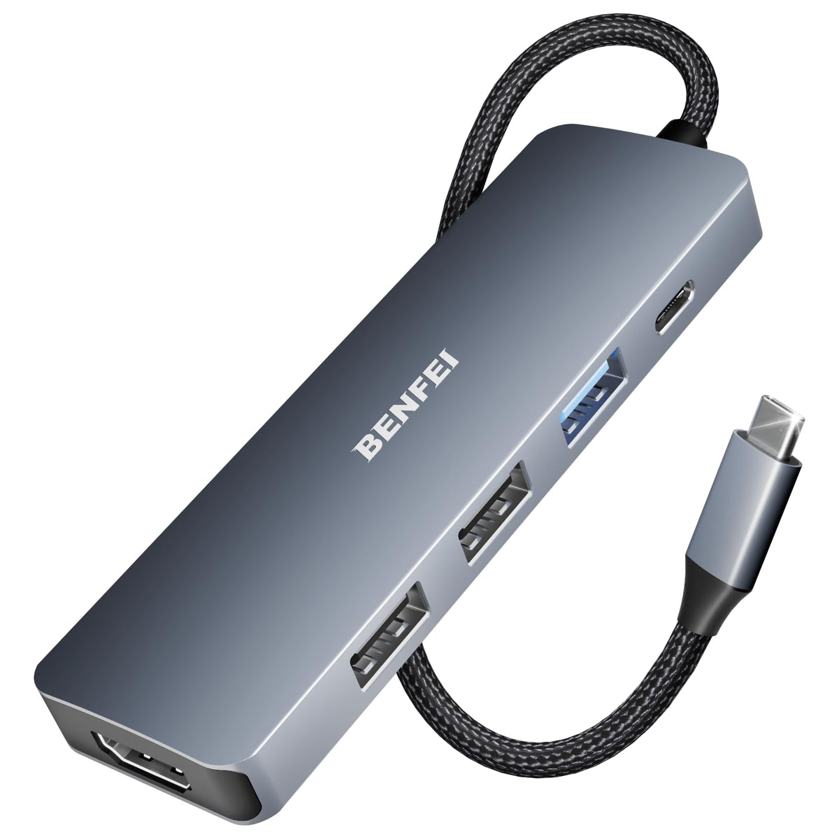 BENFEI USB-C Hub 5-in-1 with 4K HDMI, 3 USB-A 3.2 GEN2 10Gbps, 100W PD, Silicone Woven Cable, Aluminum Case, Compatible with MacBook, iPad, iPhone 15/16 Series