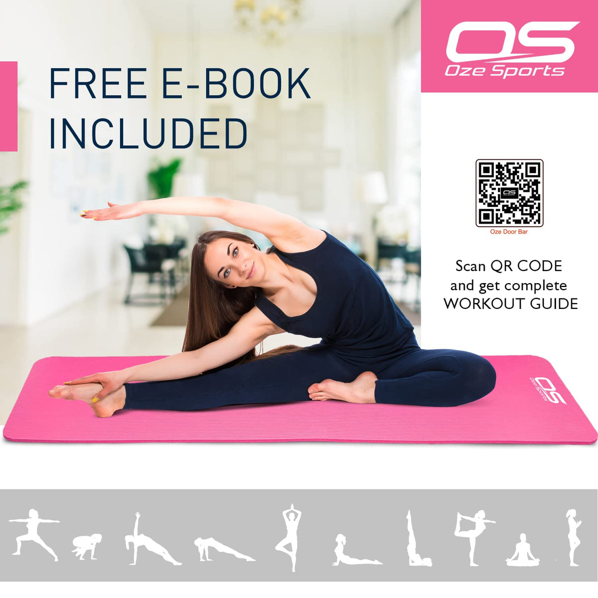 OZE SPORTS Yoga Mat, NBR Foam, Extra Thick, Non-Slip, High Density, Large, for Pilates, Gymnastics, HiiT and Fitness, with Free Carry Strap