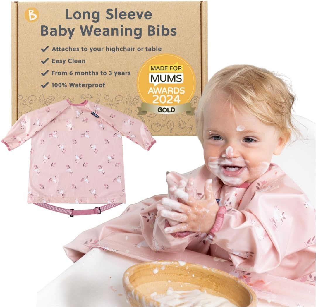 BIBaDO Long Sleeve Baby Bibs - Coverall Weaning Bib with Highchair Strap