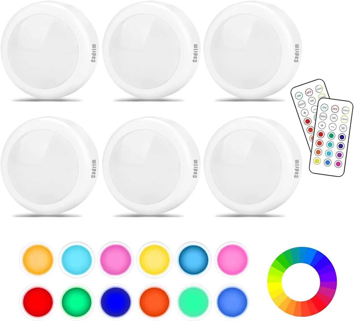 Under Cabinet Lights RGB Wireless Lights LED Closet Lights Night 3000K Dimmable 6pc Cadrim 13 Colors Changing Remote Control Brightness Adjustable Timer Battery Powered Light Kitchen Wardrobe Cupboard