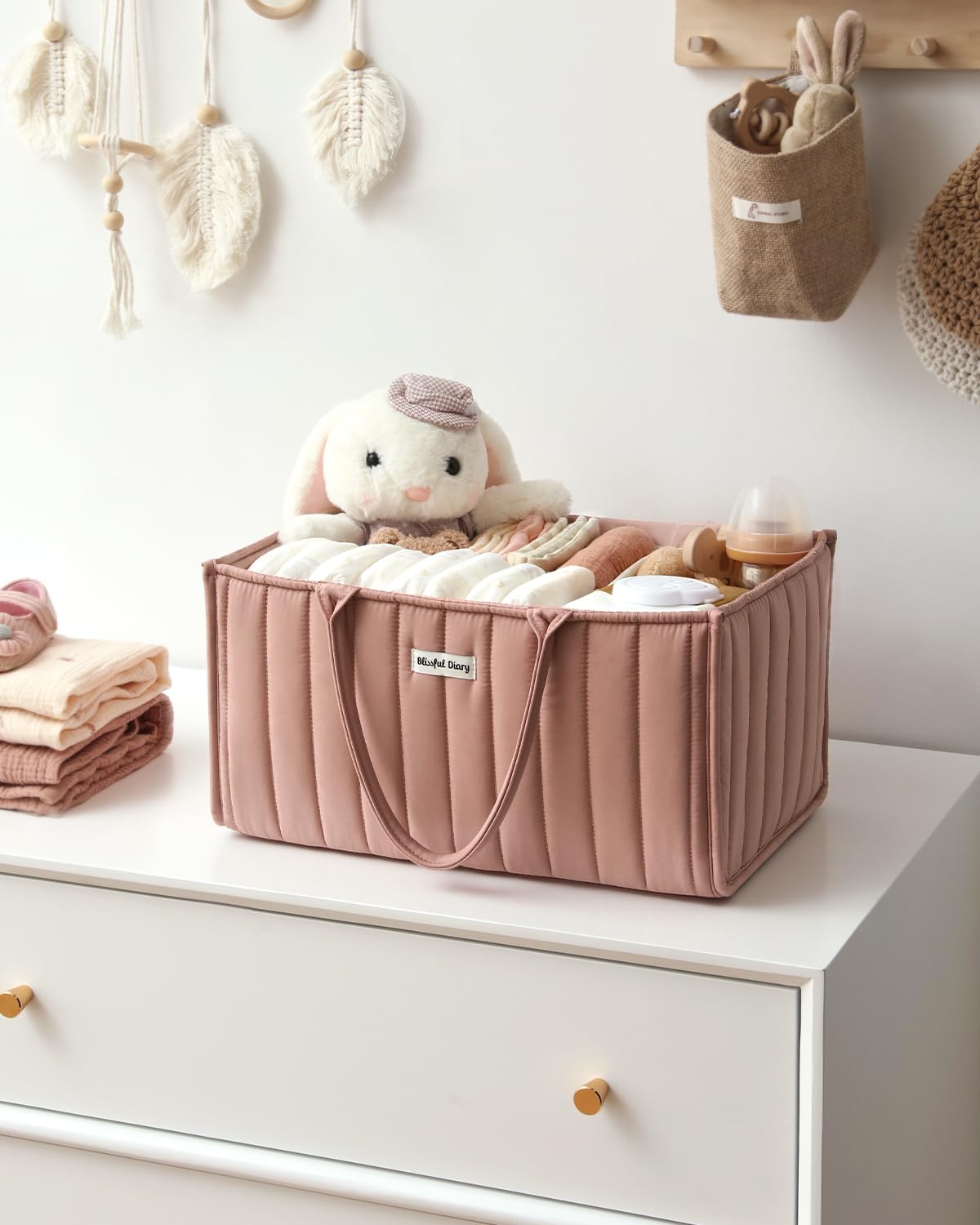 Blissful Diary Nappy Caddy Organiser, Baby Diaper Caddy for Nappy Station, Stylish Storage Basket for Newborn Essentials, Baby Shower Gifts for Girl or Boy, Woodland Cream