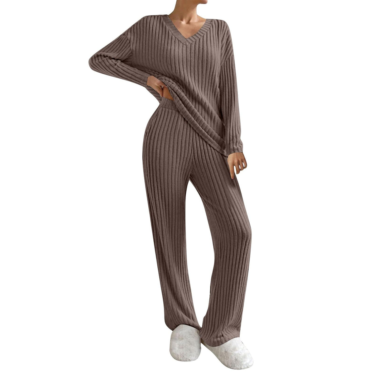 Lounge Wear Sets For Women Uk Womens Pyjamas Set Ladies Pyjamas Two Piece Outfit Fleece Tracksuits V-Neck Long Sleeve Jumpers And Wide Leg Trousers With Pockets Sleepwear Plain Casual Homewear