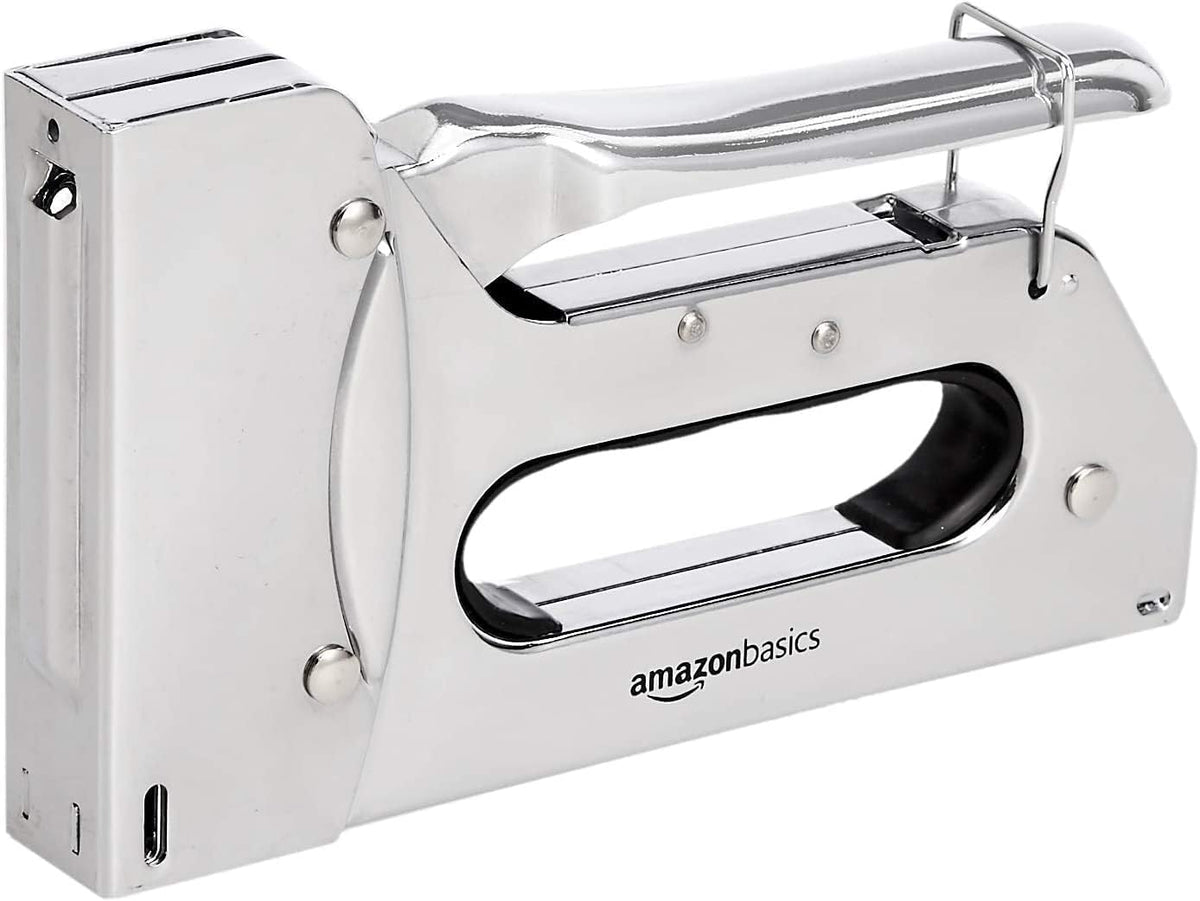Amazon Basics Heavy Duty Stapler Gun with 1000 Staples, for Upholstery, Home Repairs, Carpentry and other Professional Projects, Silver