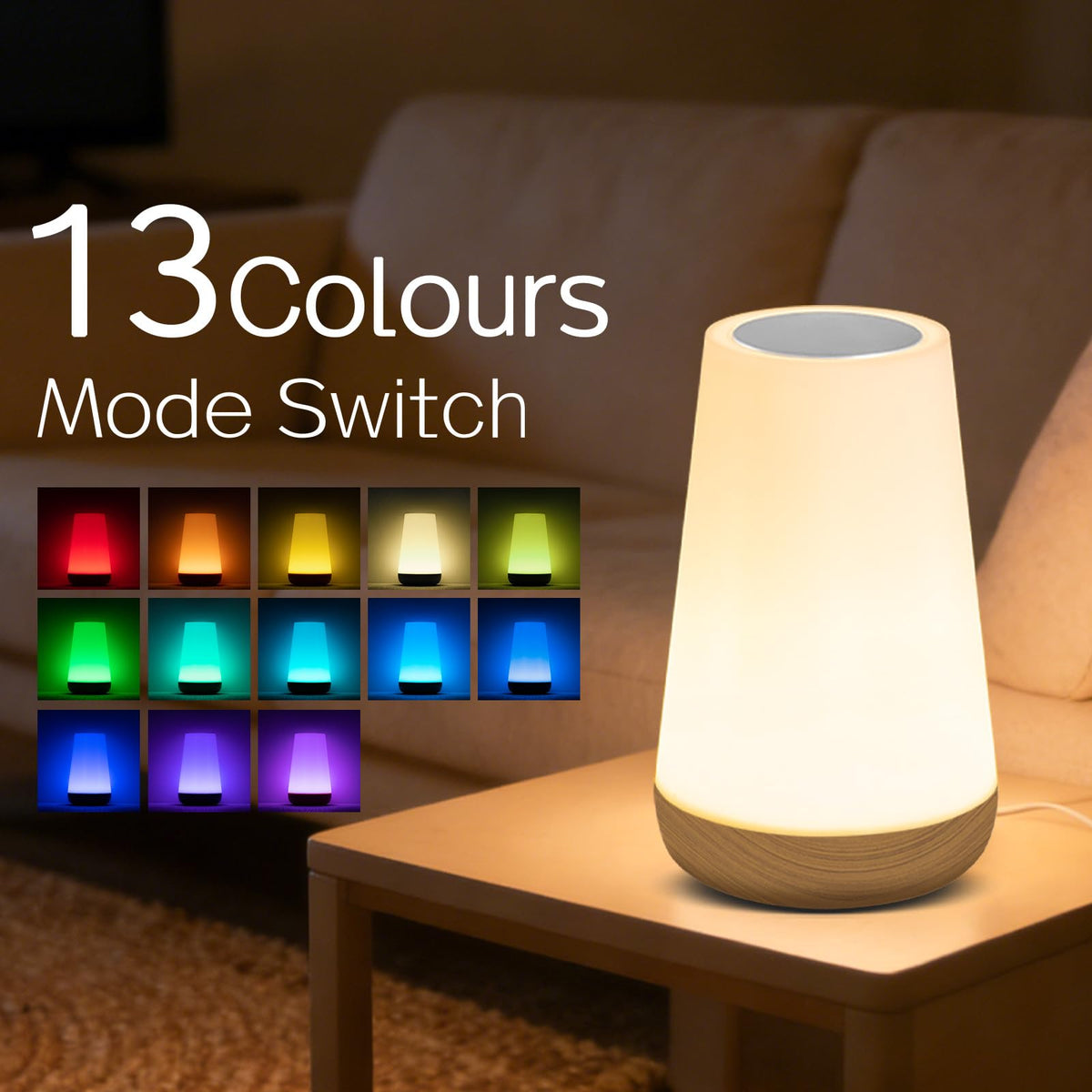 Ledivion Night Light, LED Touch Bedside Table Lamp, RGB Colours Changing, 5 Brightness Level, Timing Function, Dimmable Rechargable Remote Control Light for Bedroom, Living Room