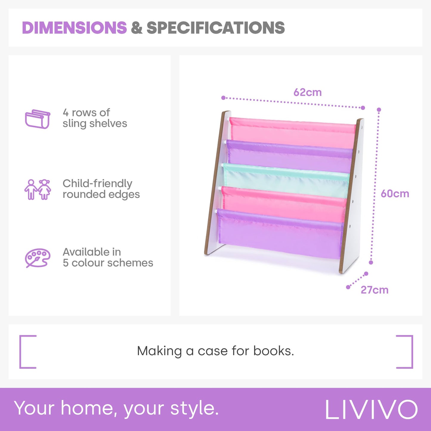 LIVIVO Colorful Kids Bookshelf - 4 Tier Children's Bookcase, Magazine and Book Storage Rack, Wooden Sling Book Organizer, Book Shelf for Kids Room, Bedroom, Nursery, Playroom (Natural)