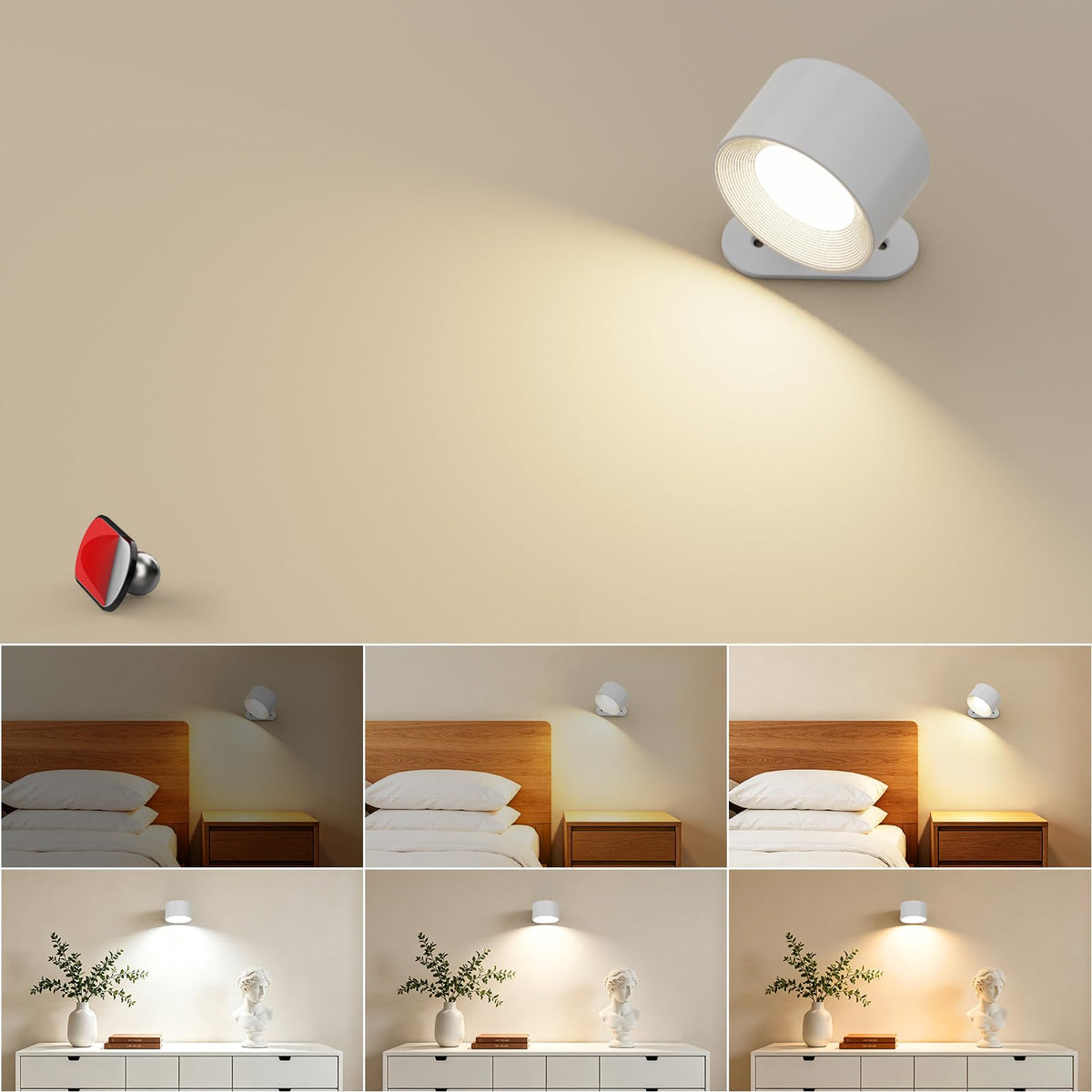 Coollamp LED Battery Operated Wall Lights, 3Pack Wall Lamp with Remote Control 3 Color Modes 3 Brightness Levels 360°Rotate Magnetic, Reading Lights for Living Room Bedroom Black