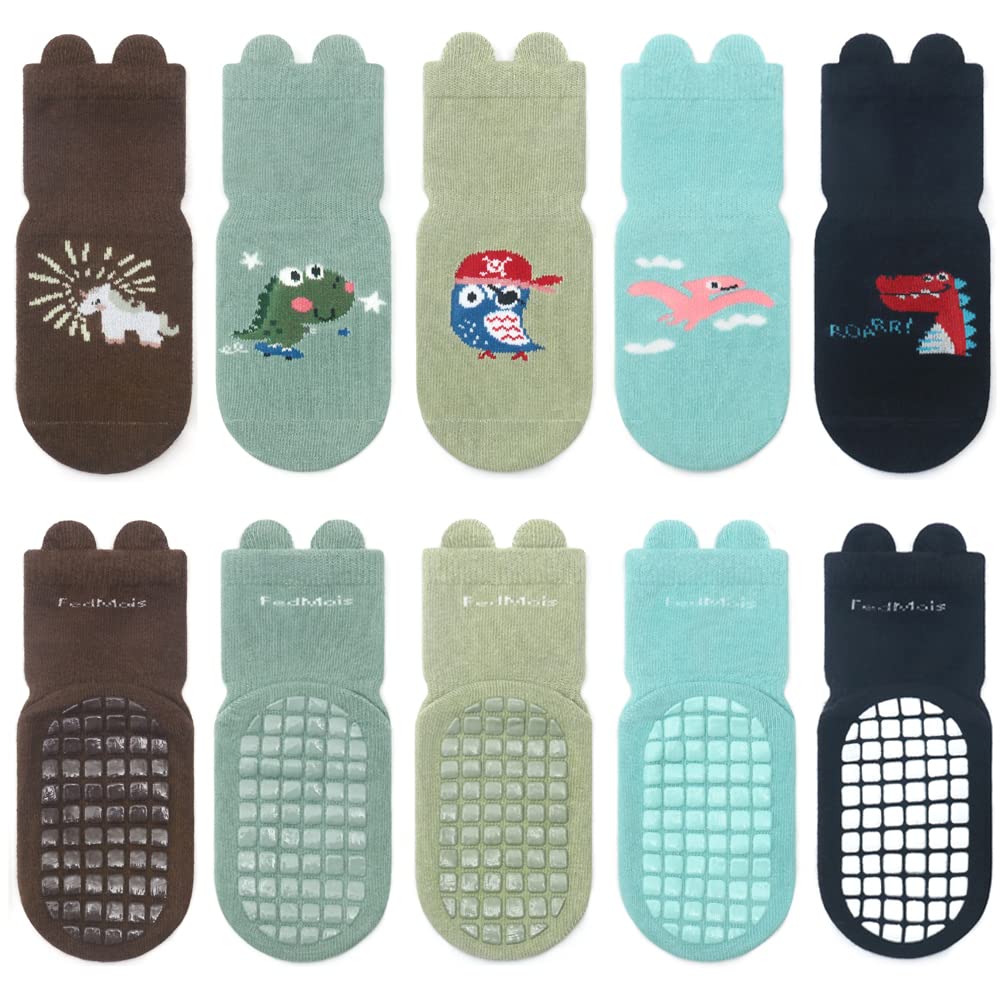 FedMois 5 Pairs Baby Kids Anti-slip Socks Cotton non skid Ankle Socks Animals