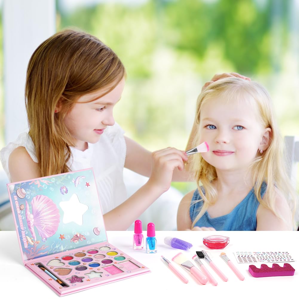 Aomig 18 Colors Kids Makeup Sets for Girls, Washable Children's Make Up Kit with Mirror, Non-Toxic Cosmetic Beauty Set Gift for Kids, Princess Pretend Play Games Toys Birthday