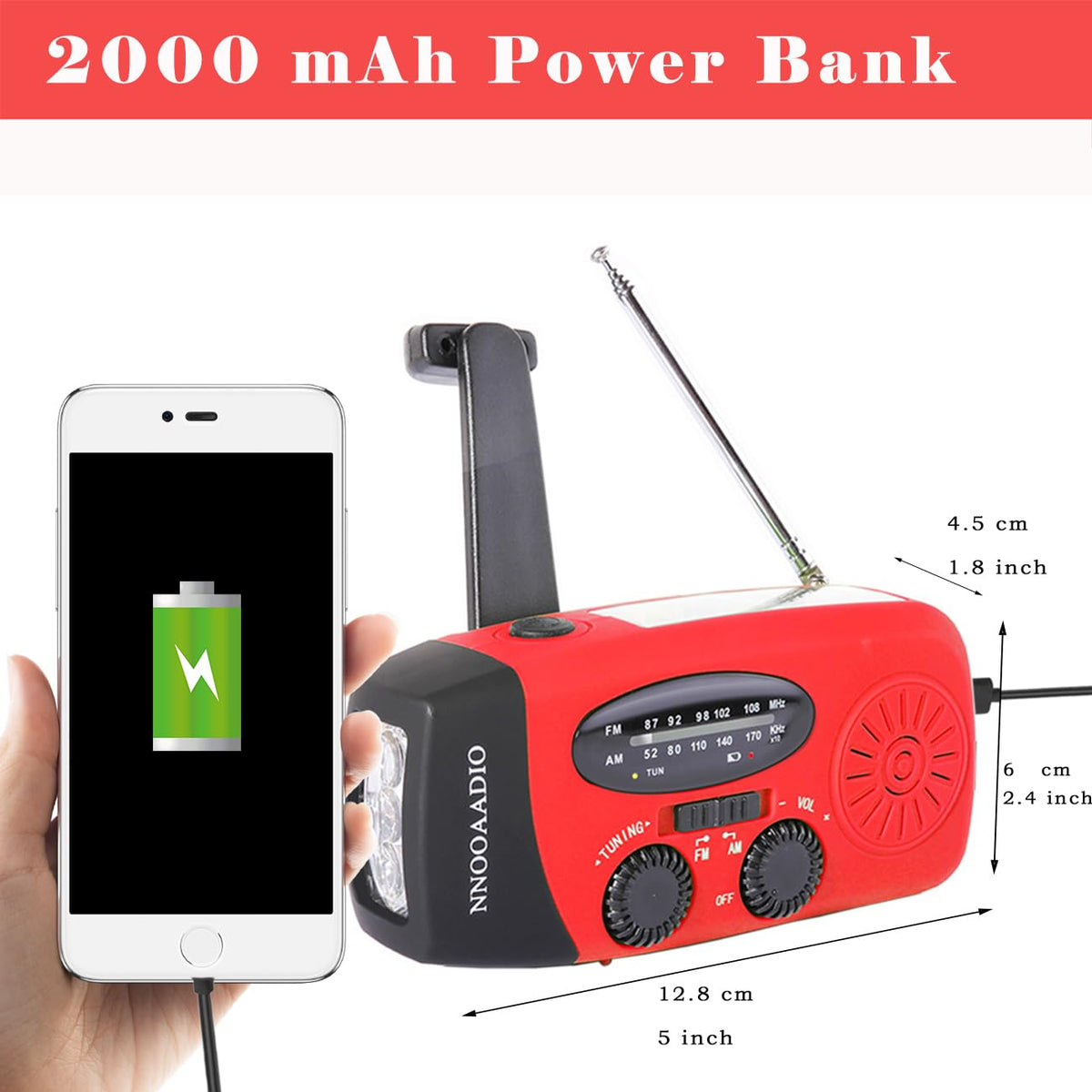 NNOOAADIO Wind Up Solar Hand Crank Radio, 2000mAh SOS Alarm for Camping