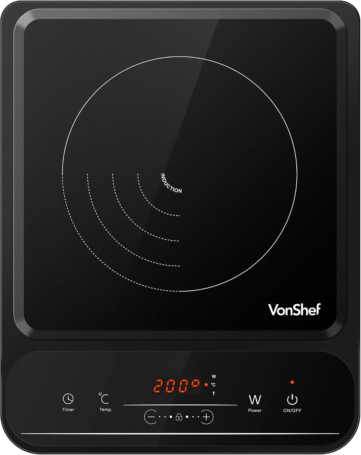 VonShef Single Induction Hob – 2000W Portable Induction Cooker w/LED Touch Display, 3 Hour Timer, 10 Heat Settings 60-240°C, Safety Lock - Black