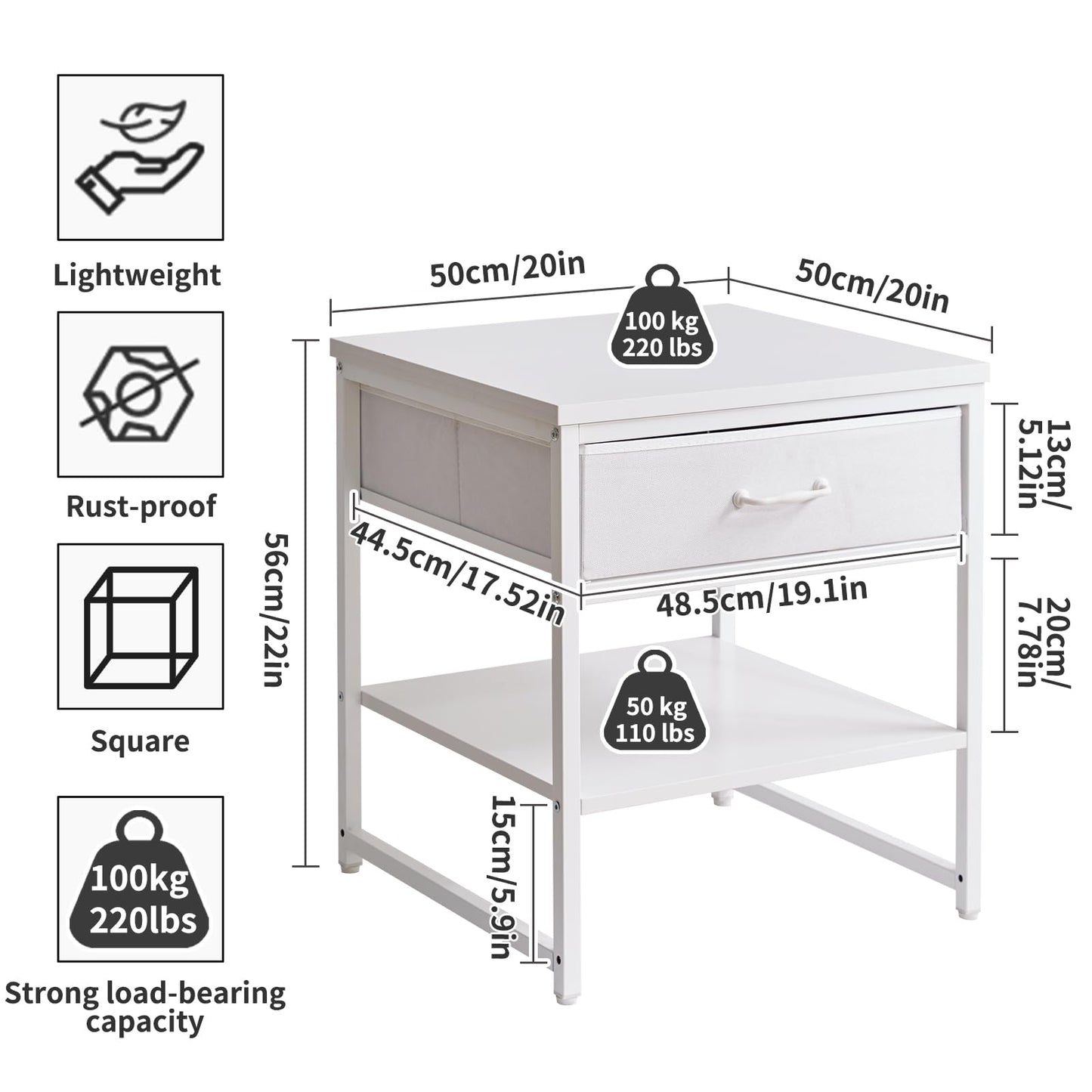 Aibiju Large Side Table for Living Room, Small Table Stand 20 Inch, Fridge Stand Printer Table with Fabric Drawer, Square Tea Coffee Table for Office, White YD-TM156W