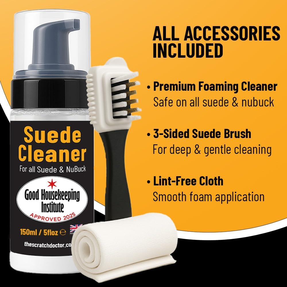 The Leather Clinic Suede & Nubuck Cleaner Foam 150ml for Shoes, Boots, Sandals, Trainers | Clean & Protect Dirt & Stains | Includes 3 Sided Suede Brush & Cleaning Cloth
