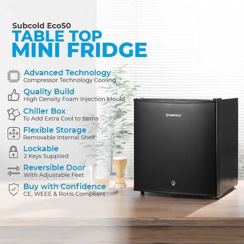 Subcold Eco50 Mini Fridge | 45L Tabletop Solid Door | Chiller Box & Lock