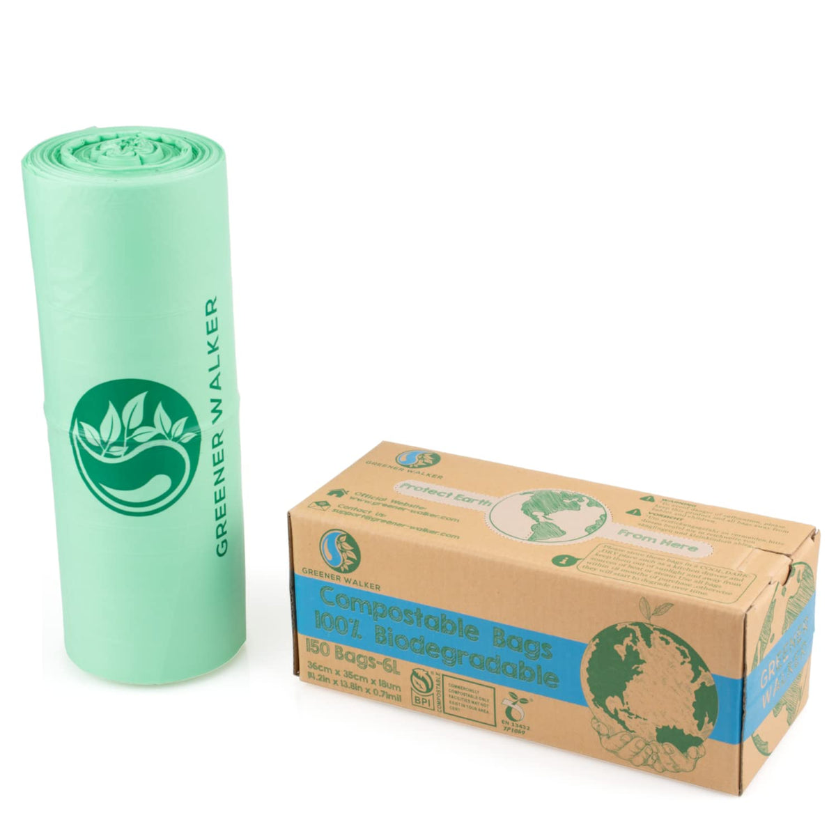 Greener Walker 6L-150Bags 100% Compostable Biodegradable Bin Liners 6L/10L/30L Food Waste Bags with EN13432 Certificate Caddy Kitchen Bin Liners