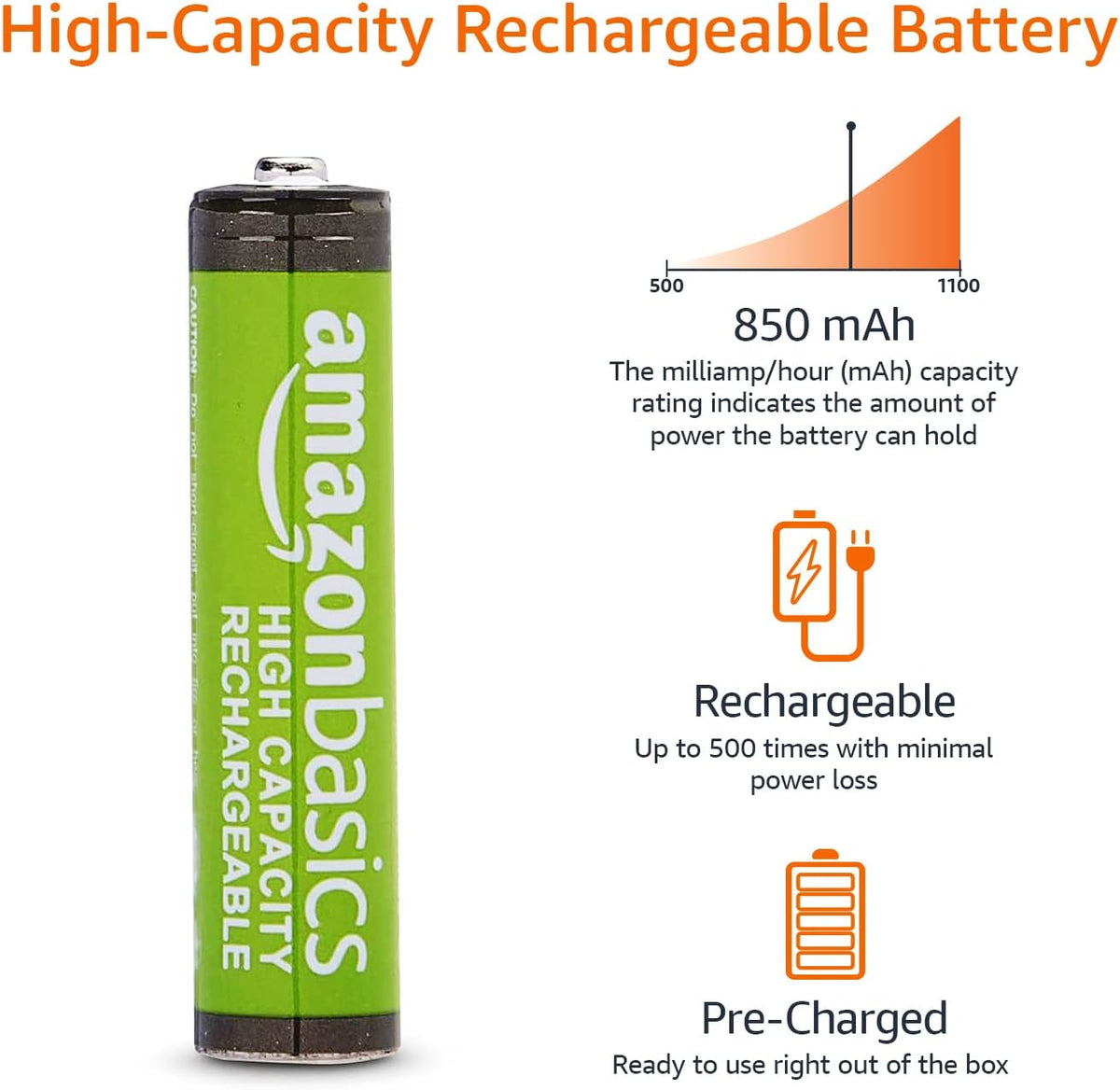 Amazon Basics 8-Pack Rechargeable AAA NiMH High-Capacity Batteries, 850 mAh, 1.2V, Recharge up to 500x Times, Pre-Charged