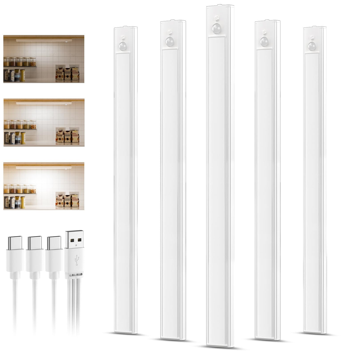 daphomeu 5 Pack Rechargeable Under Cupboard Kitchen Lights, 20CM Dimmable Warm Cabinet Light, LED Motion Sensor Lights Indoor, Magnetic Stick Light for Kitchen Shelf Stairs Wardrobe