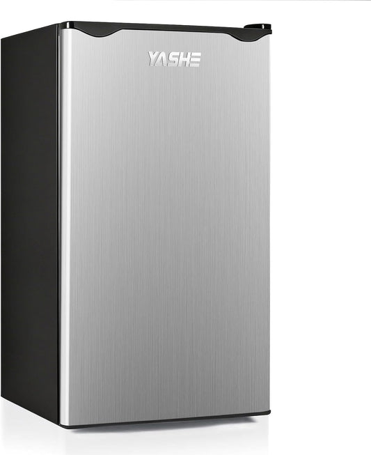YASHE 92L Mini Fridge with Freezer, Single Door Compact Refrigerator, Small Fridge with Adjustable Thermostat, Large Capacity, Reversible Door, Mini Refrigerator for Bedrooms, Offices, Dorms, Silver