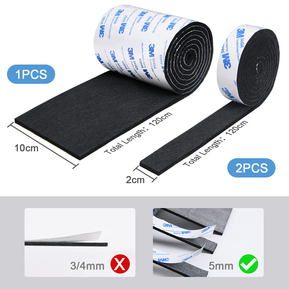 Vicloon Furniture Pad, 3 Rolls Floor Protectors for Furniture Feet (120x10x0.5cm+120x2x0.5cmx2), Felt Pads Tailorable for Chair Feet Legs, Tiled, Cabinet, Hardwood Floor Protectors(Brown)