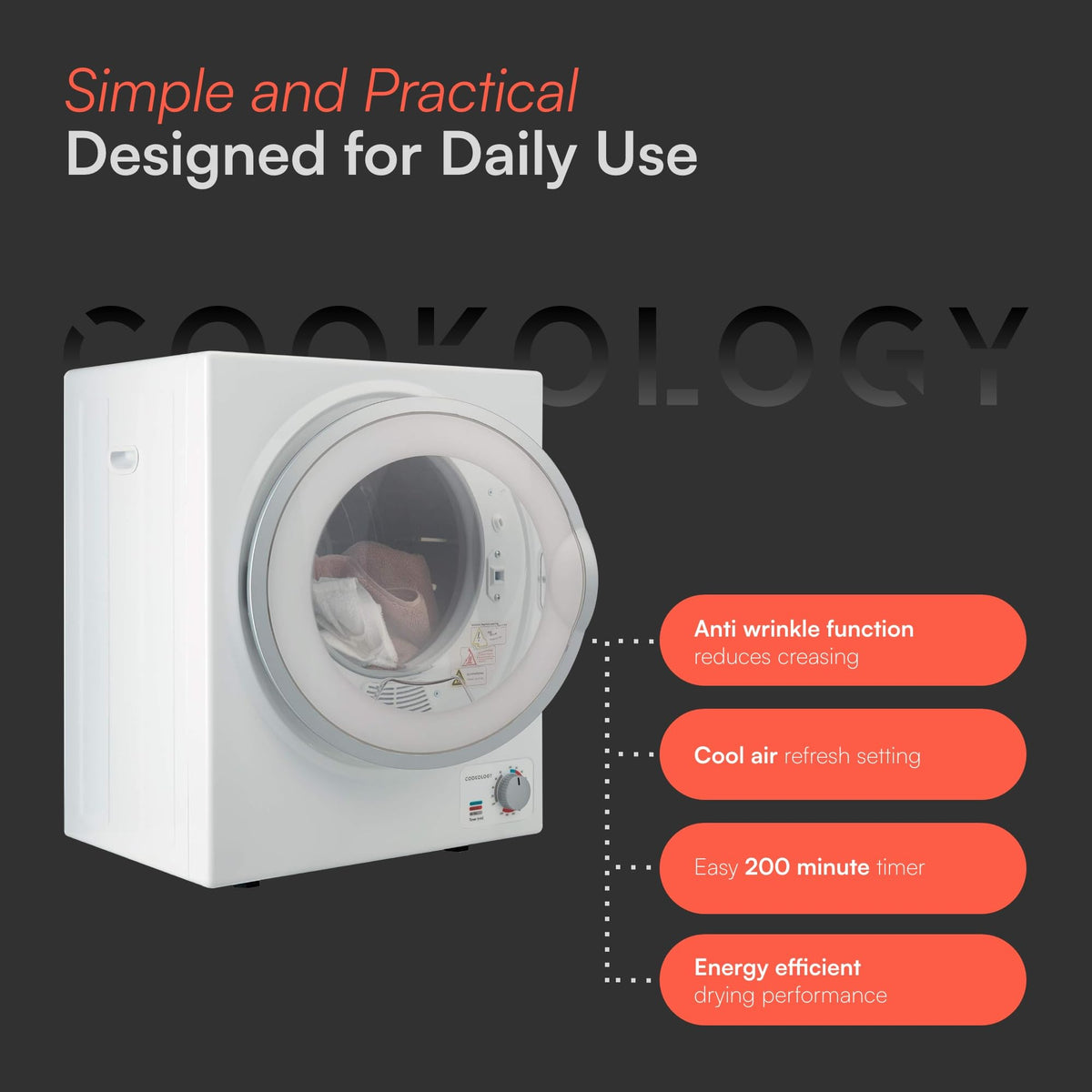 Cookology 2.5kg Mini Vented Tumble Dryer - Tabletop Design - Black