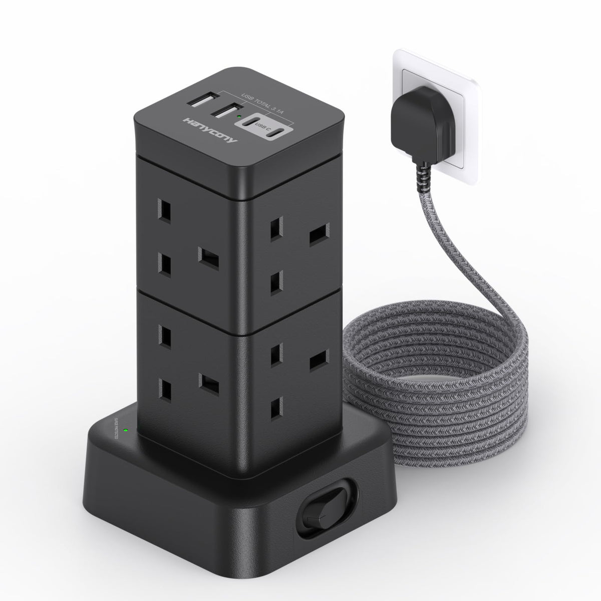 5M Extra Long Tower Extension Lead with 2 USB C, 8 Way Outlets Power Strip