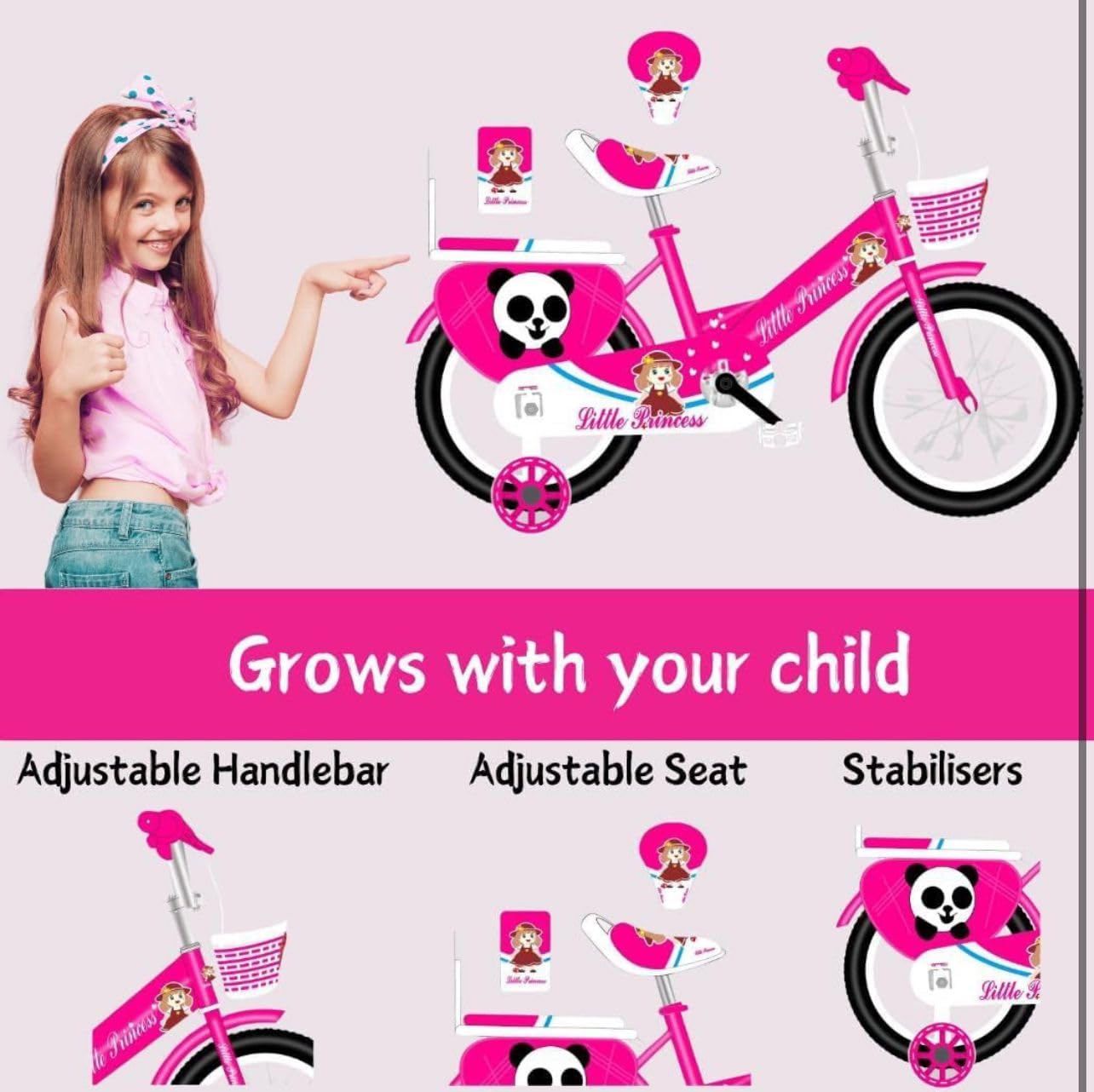 Pink Girls Bike 16" with Stabilisers, Basket & Bell — Adjustable Seat & Handlebars