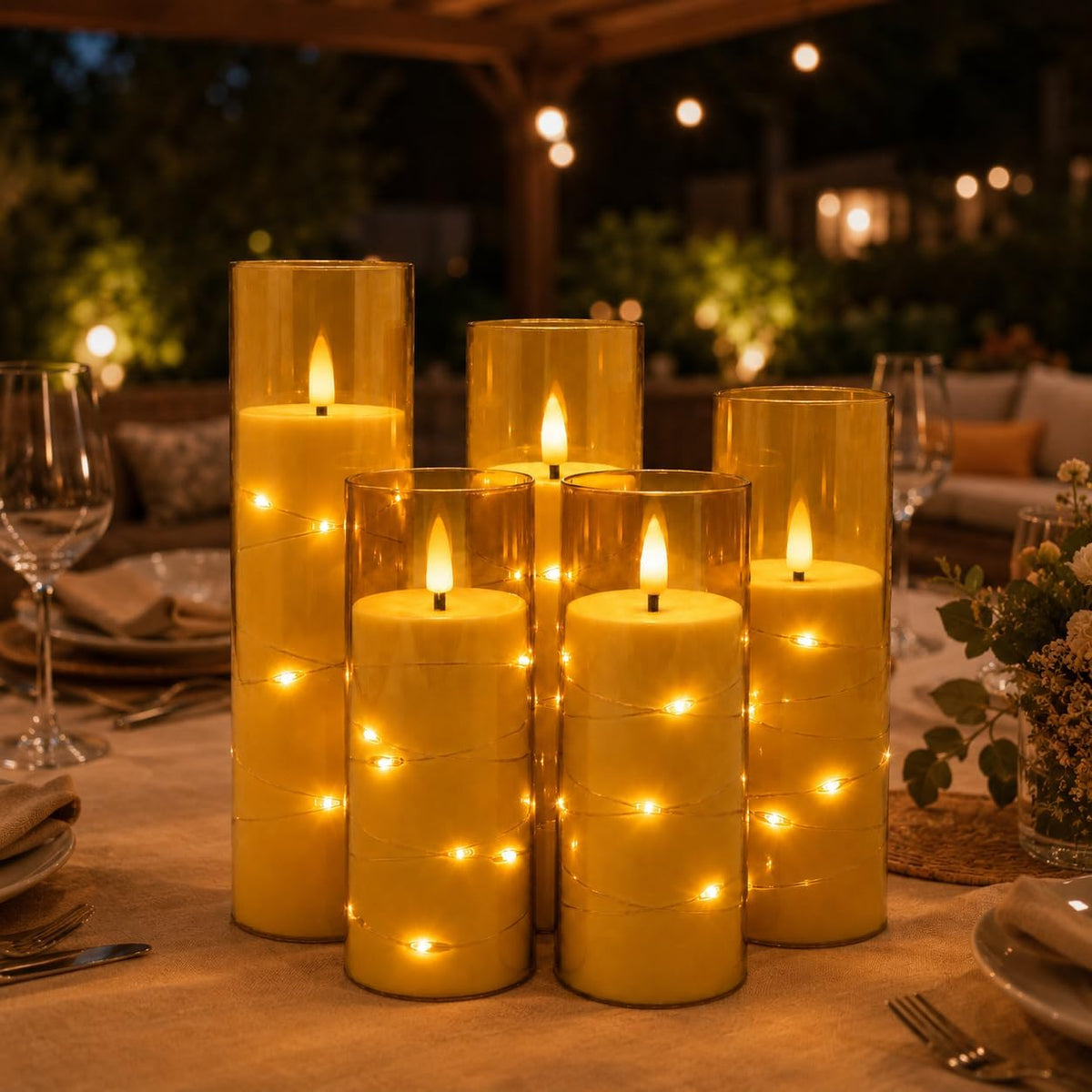5 Pack Ivory Transparent Taper Candles, Black Wick Flickering Flameless LED Candles with Fairy Lights, Heat Resistant Reusable Plastic Candles, Remote Control, 14/14/16/18/20cm, Indoor Outdoor Decor