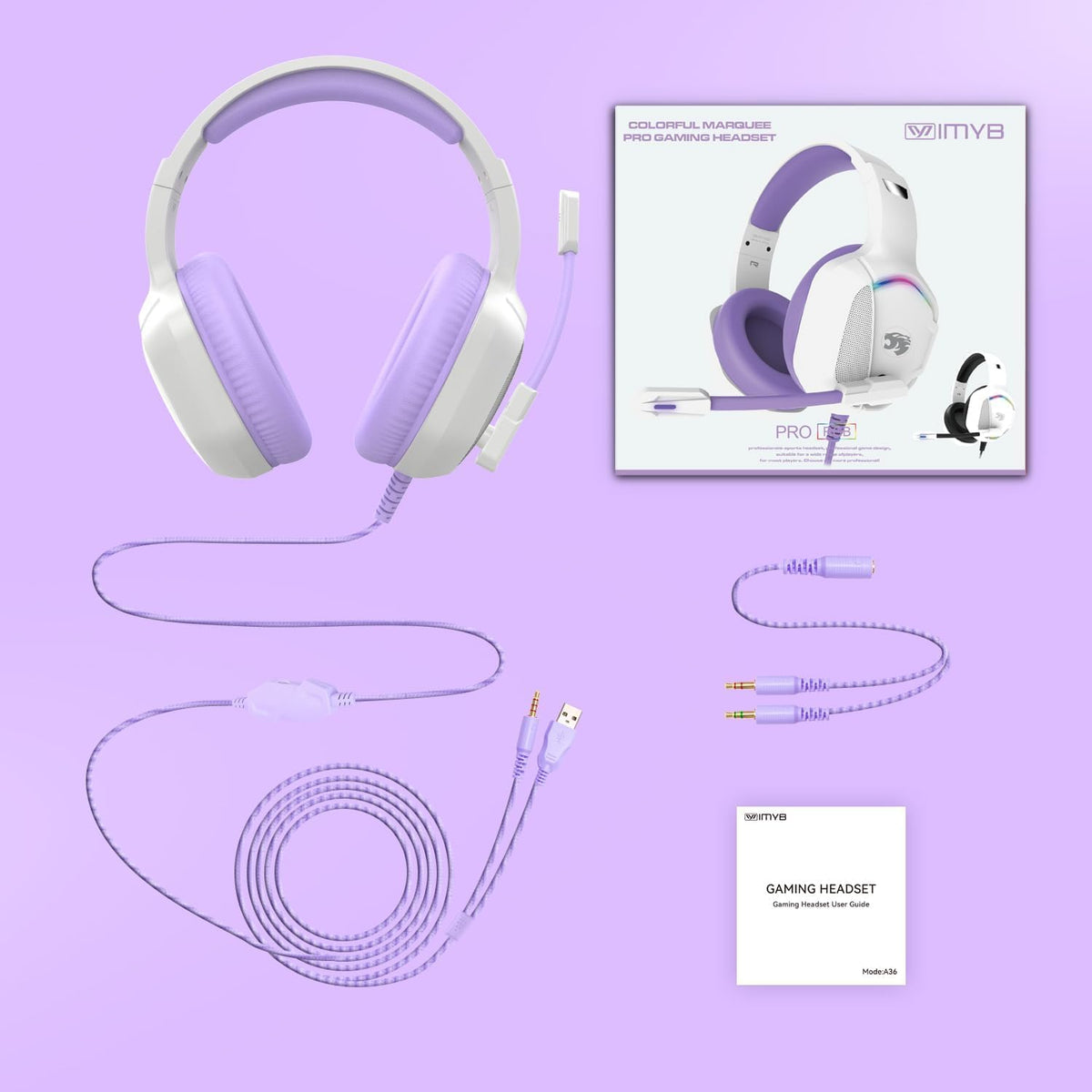 IMYB Gaming Headset with Microphone for Pc, Xbox One Series X/s, Ps4, Ps5, Stereo Wired Noise Cancelling Over-Ear Headphones with Mic, RGB, for Computer, Laptop, Mac, Gamer (White)
