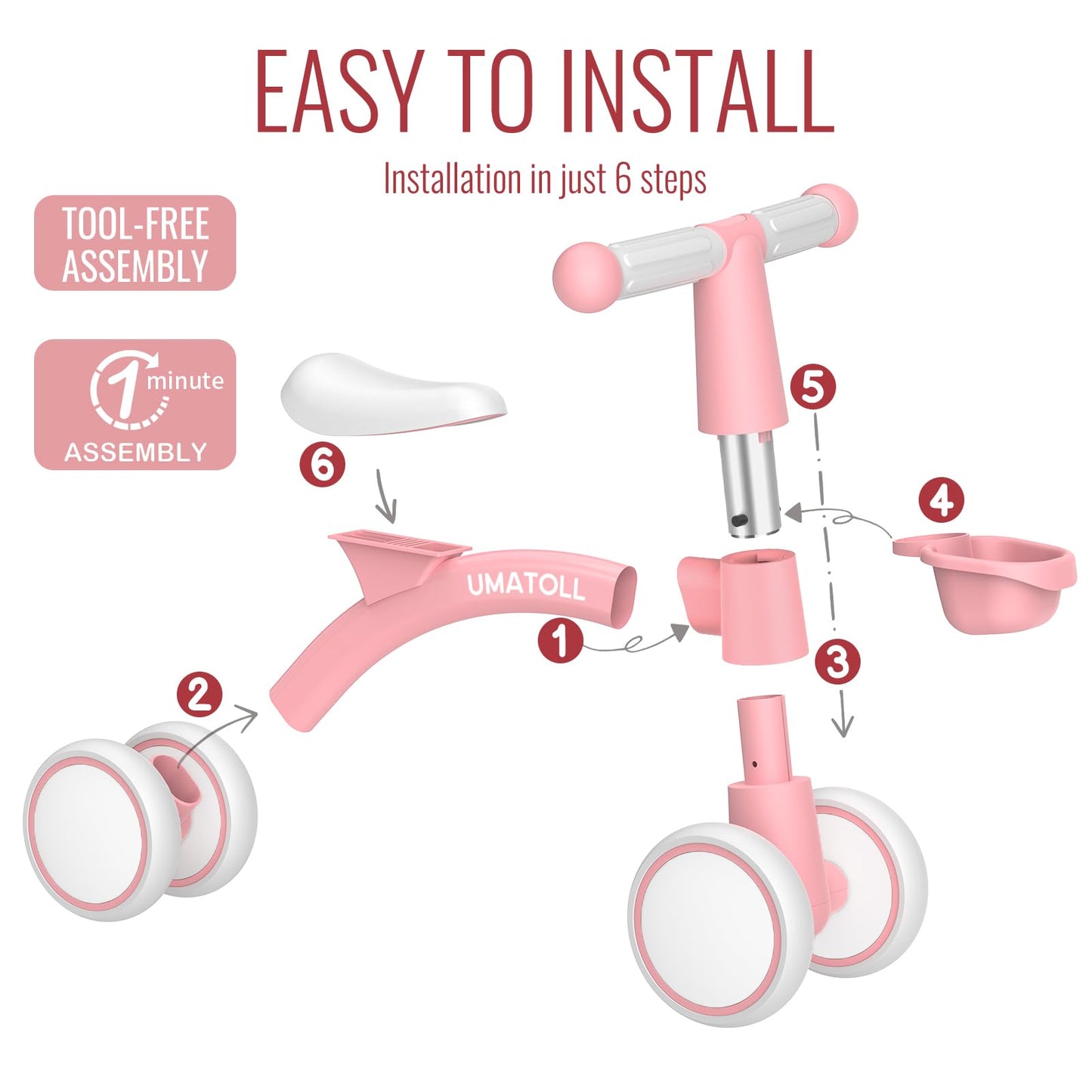 Umatoll Baby Balance Bike for 1 Year Old Boys Girls, 12-24 Months Toddler Balance Bike with Removable Basket, Adjustable Seat, 4 Wheels Infant Bike, First Birthday Gift