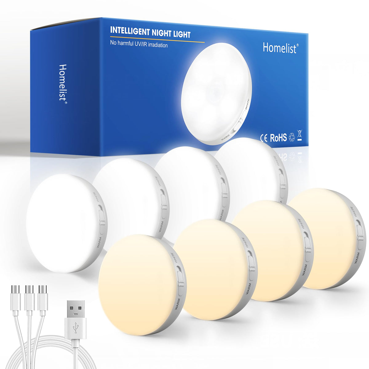 Homelist Motion Sensor Lights Indoor, Rechargeable Night Light, 6 Pack