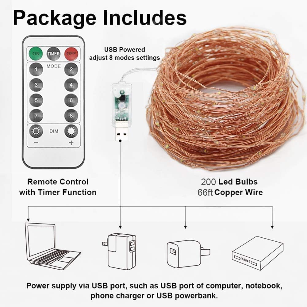 Twinkle Star Fairy Lights, 20m 200 LED USB Plug in Copper Wire String Lights with Remote Control/8 Modes/Timer, Christmas Lights for Bedroom Indoor Lighting Xmas Tree Decoration, Warm White