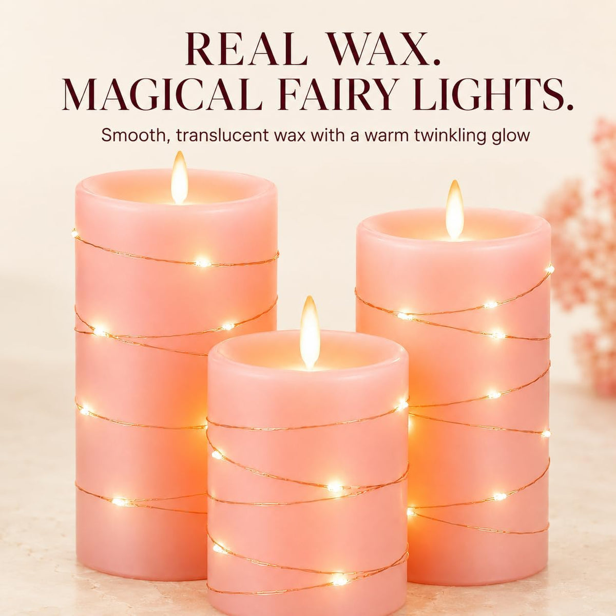 Da by 3 Pack Ivory Flameless LED Candles with Fairy Lights, Realistic Moving Flame Paraffin Wax Candles, Remote Control, Soft Warm Light, 8cm D x 12.5/14.5/16.5cm H, Indoor Wedding Home Decor