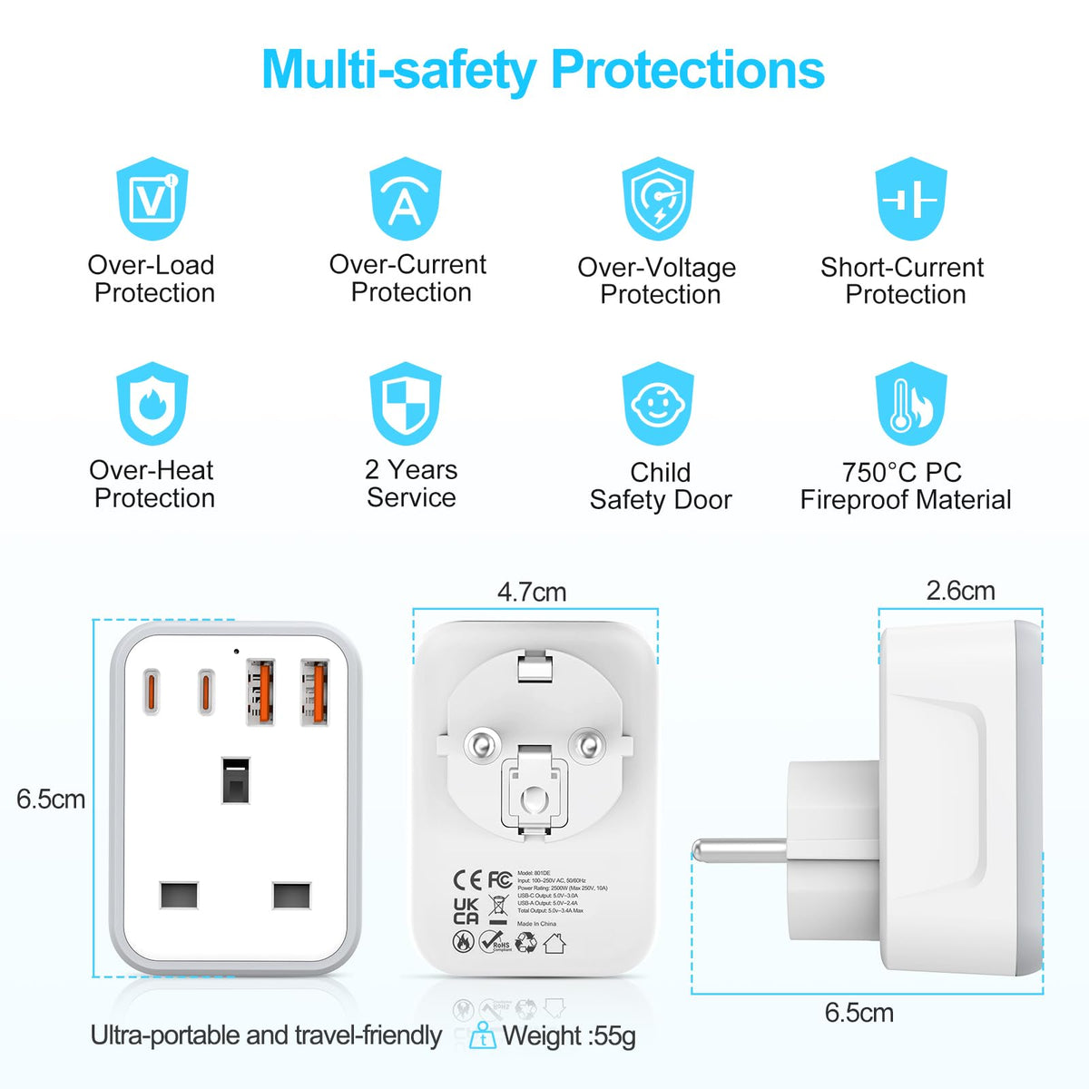 UK to European Travel Plug Adapter Fast Charge PD 20W USB-C QC 3.0