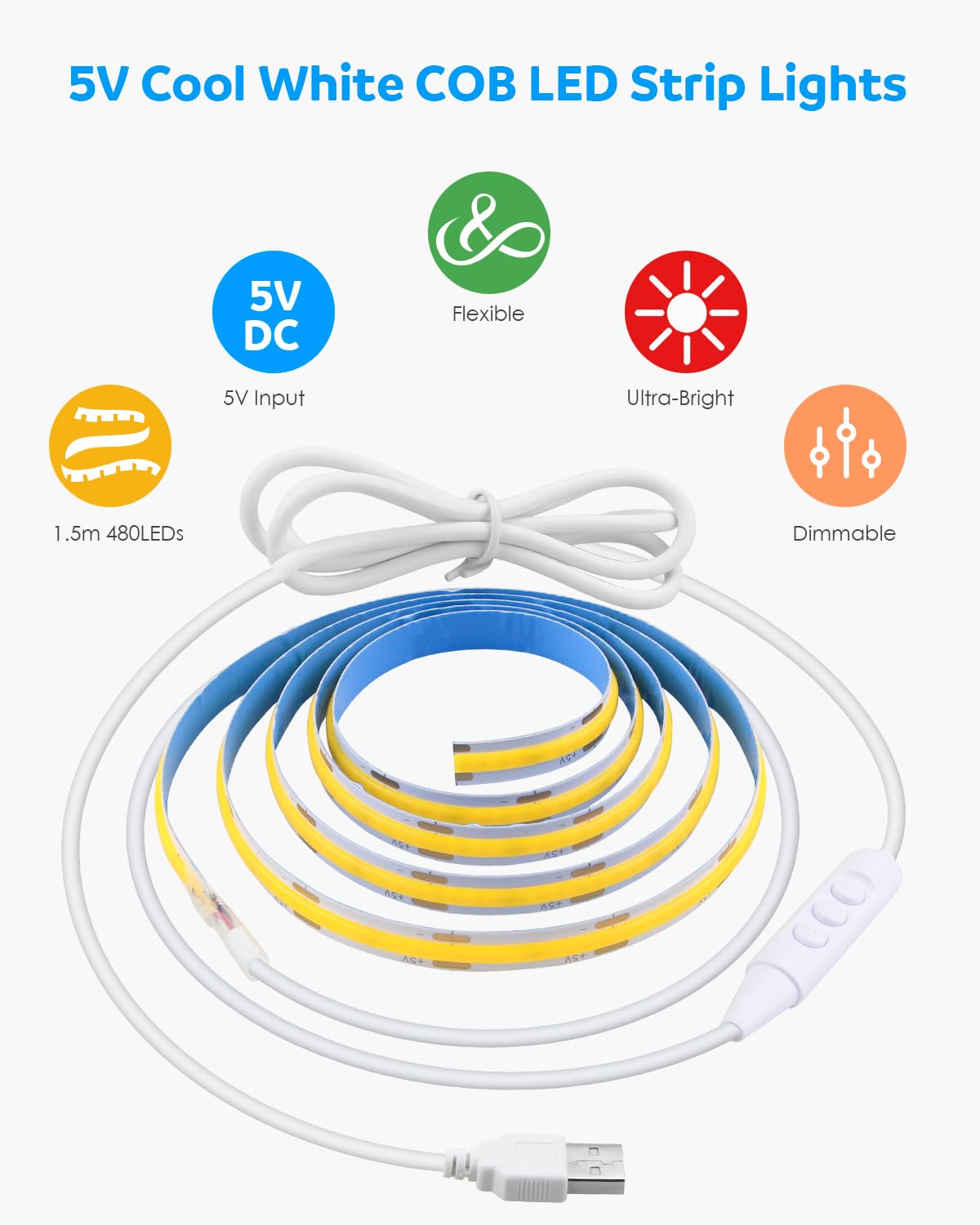 Aclorol 3M COB LED Strip Light Warm White 3000K 5V USB Flexible LED Light Strip 8mm Width Dimmable CRI85+ Dotless Tape Light High Density 320LEDs/M for Bedroom Kitchen Under Cabinet Home Decor
