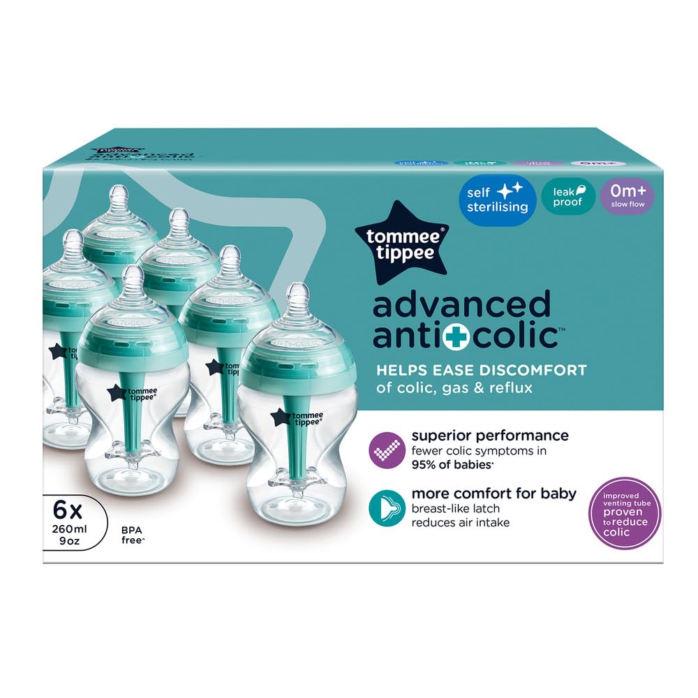 Tommee Tippee Advanced Anti-Colic Baby Bottles for 0m+, Pack of 3 260ml Baby Bottles, with Slow Flow Breast-Like Teat for a Natural Latch, Self-Sterilising and BPA Free, Baby Feeding Essentials
