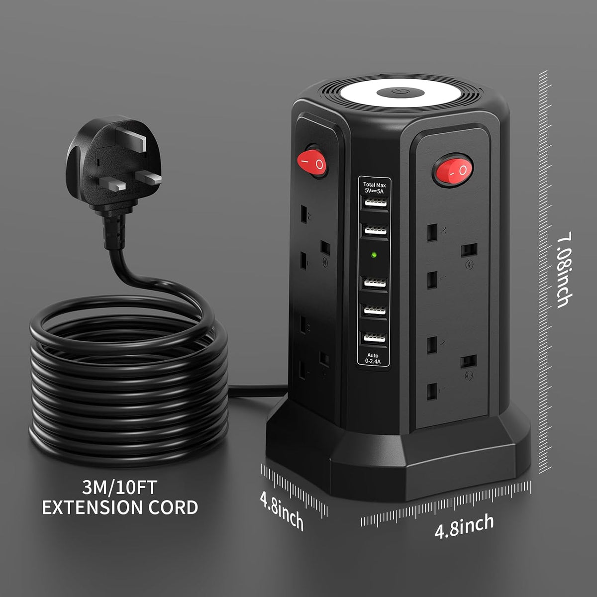 HAFINO Tower Extension Lead 3M with USB Slots and Night Light, 4 Switches