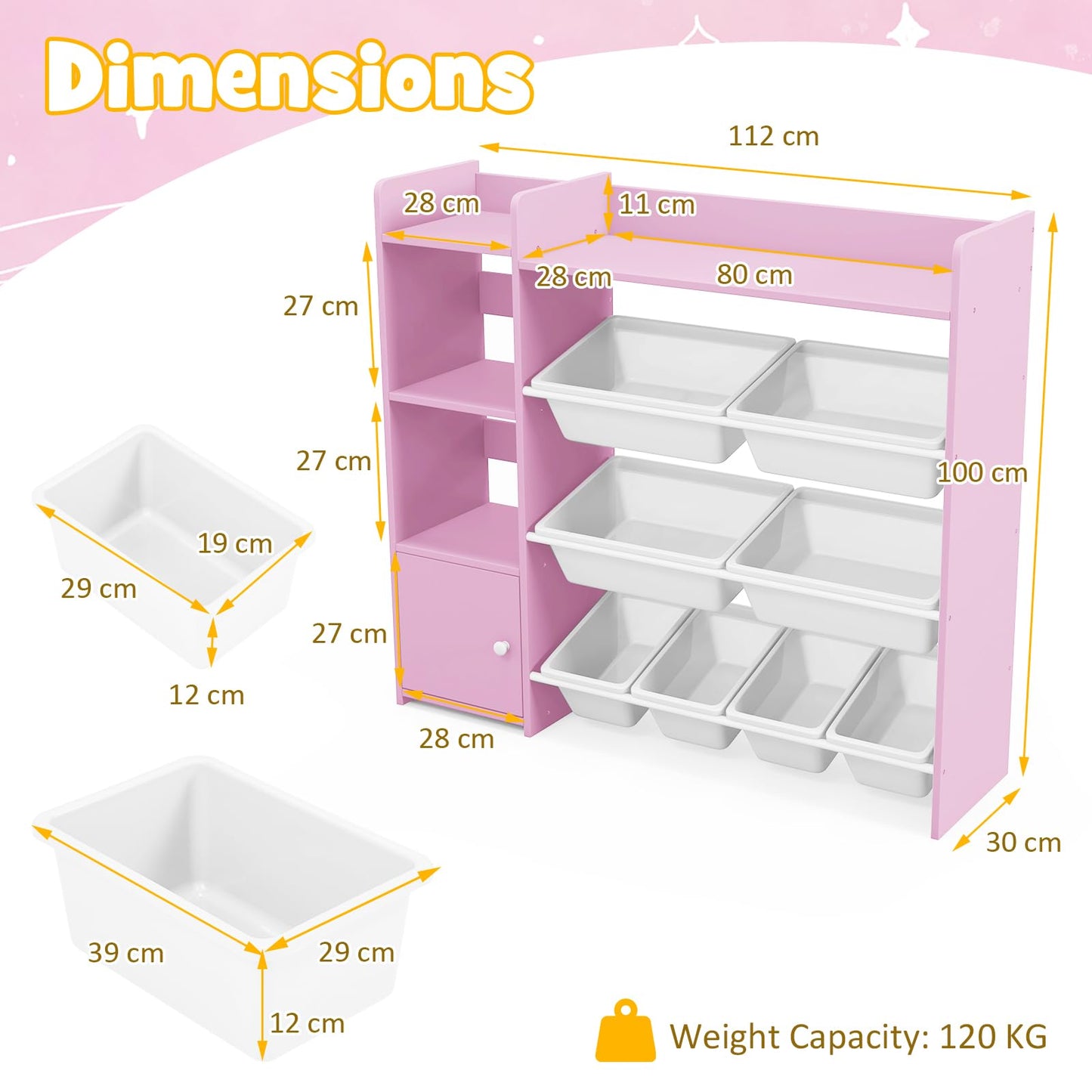 GYMAX Toy Storage Organizer, 4 Tiers Kids Bookshelf and Toy Storage Unit with 8 Bins, Open Shelves and Enclosed Cabinet, Children Bookcase for Playroom Bedroom Nursery (Pink)