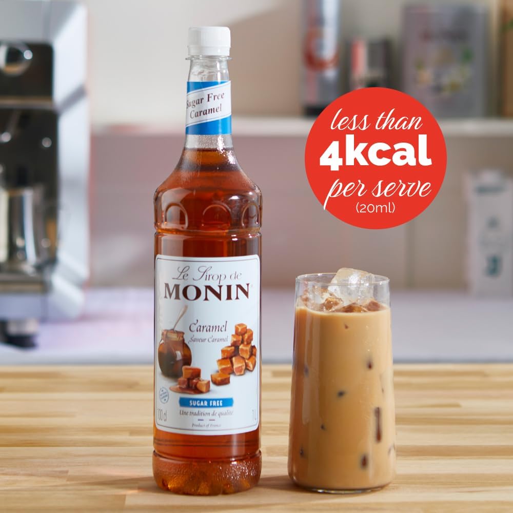 MONIN Premium Caramel Sugar Free Syrup 1L for Coffee and Cocktails. Vegan-Friendly, Allergen-Free, 100 Percent Natural Flavours and Colourings. Sugar-Free Coffee Syrup