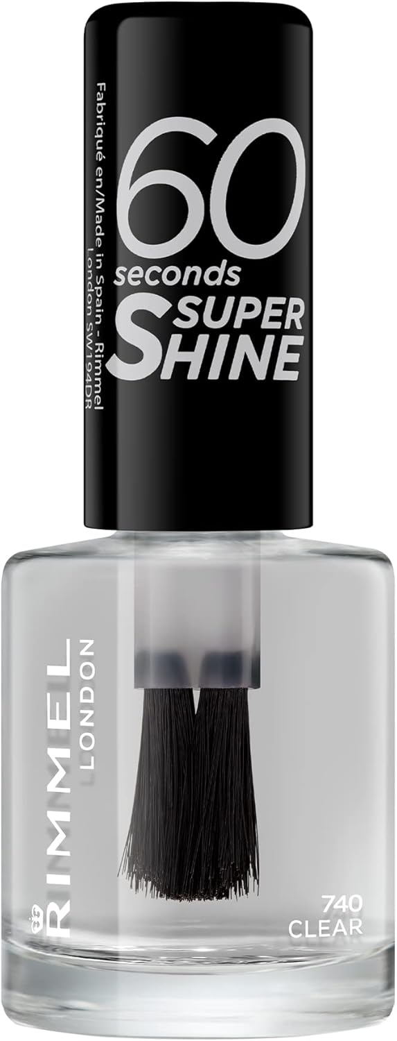 Rimmel 60 Seconds Super Shine Nail Polish, 740 Clear, Quick-Dry Nail Polish, Ultra-Shiny Finish, Easy to Apply, Vibrant Colour, Long-Wearing, Improved Formula, Vegan, 8ml
