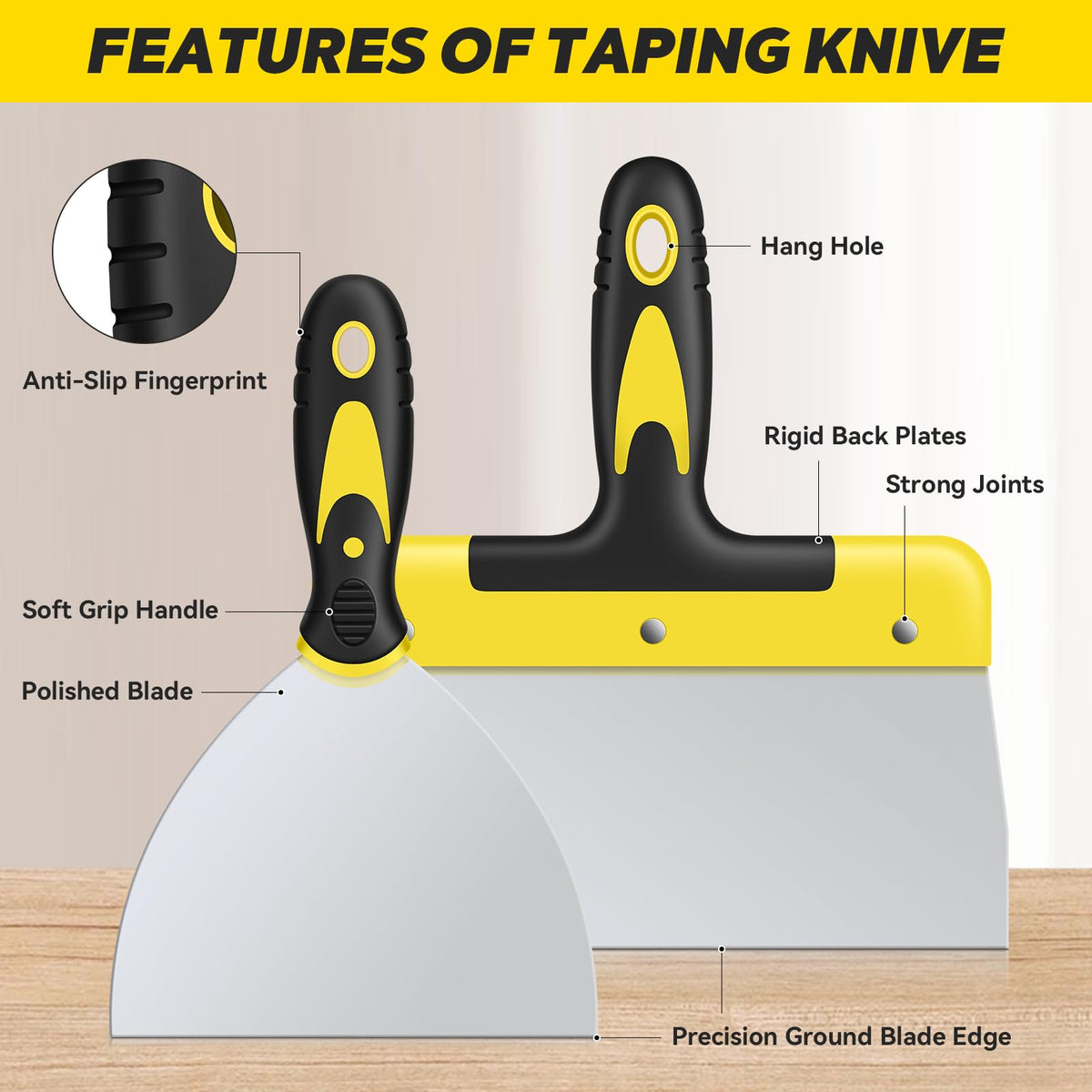 suokoun Wallpaper Scraper Set, 7 Pieces Stainless Steel Drywall Hand Tool Kit Includes Taping Putty Tool and 12" Mud Pan with Soft Grip Handle for Drywall Work
