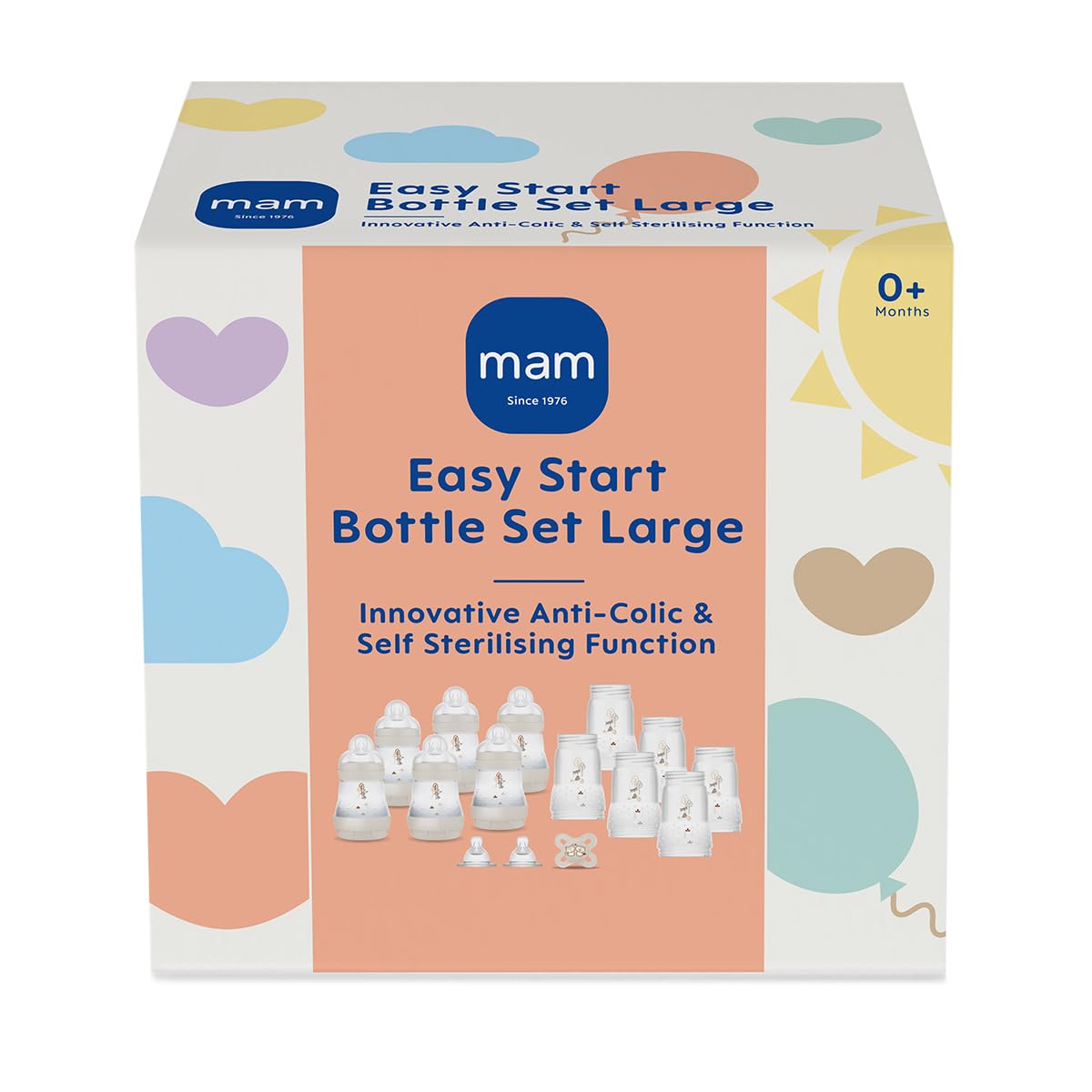MAM Easy Start Anti-Colic Bottle Starter Set | Includes 4X Feeding Bottles and MAM Original Start 0-2 Month Soother | Self-Sterilising | Baby Gift Set of Newborn Essentials | White (Various Designs)