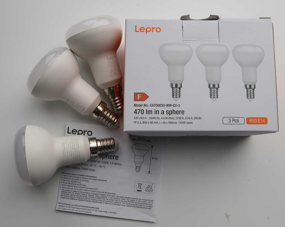 Lepro R50 E14 LED Light Bulb, Warm White 2700K, 4.9W=40W, 470LM, Pack of 3
