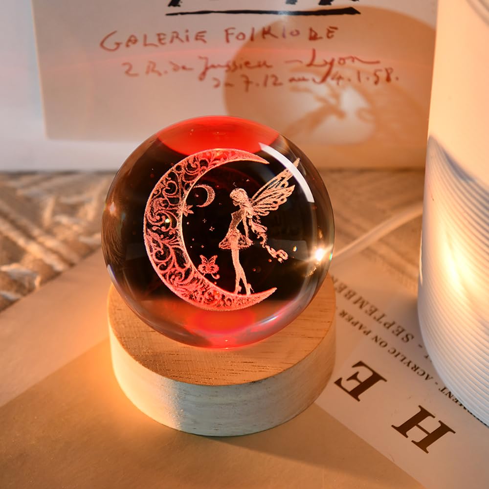 3D Fairy Crystal Ball 60mm Glass Fairy with Flower Night Light Gifts for Girl Women with Light Base