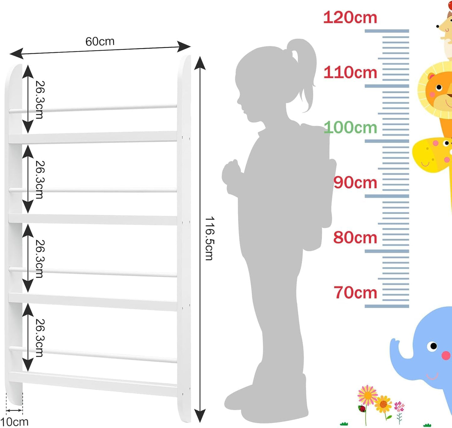 Kids Bookcase Modern Childrens Bookcase 4-Tier Book Shelf Display Rack Book Shelf Kids Room 10 CM Depth Suitable for Children's Children's Room School 116.5x60x 10CM White