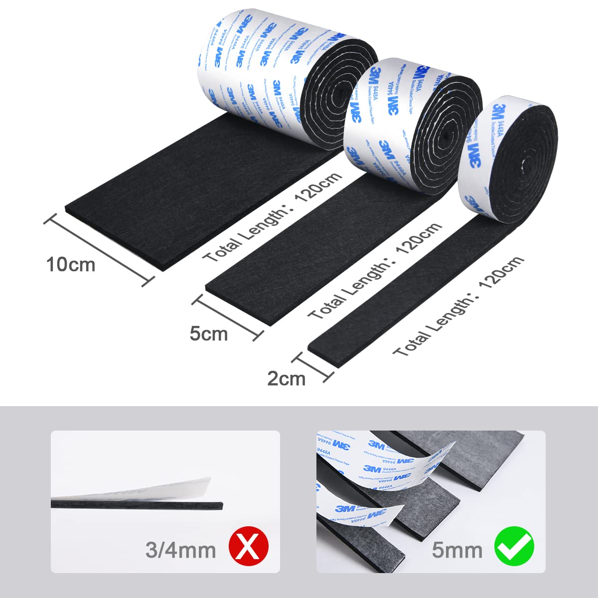 Vicloon Furniture Pad, 3 Rolls Floor Protectors for Furniture Feet (120x10x0.5cm+120x2x0.5cmx2), Felt Pads Tailorable for Chair Feet Legs, Tiled, Cabinet, Hardwood Floor Protectors(Brown)