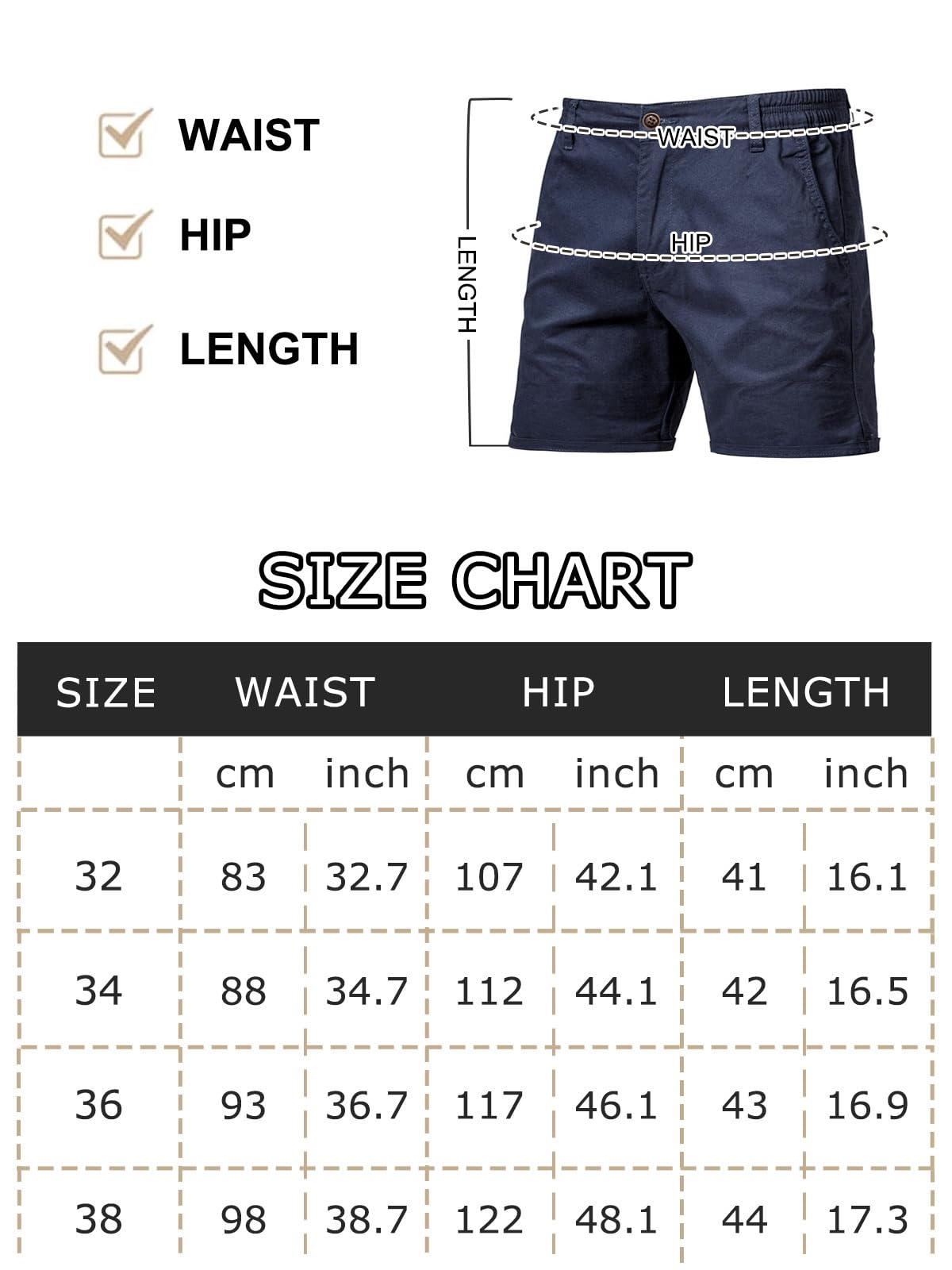 Men’s 7”/ 9” Chino Shorts Casual Elasticated Waist with 4 Pockets