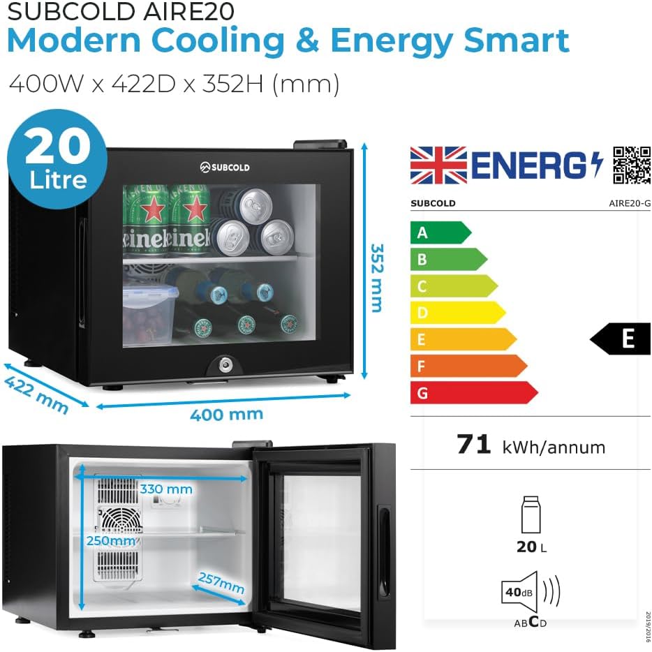 Subcold Aire20-G Mini Fridge | 20L | Frost-Free | Glass Door | LED