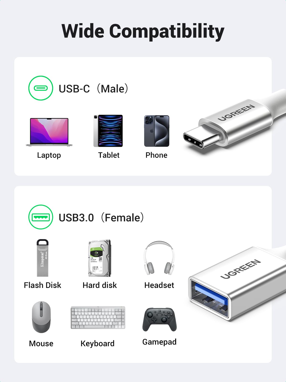 UGREEN 10Gbps USB C to USB Adaptor for iPhone, iPad, MacBook, Galaxy Grey