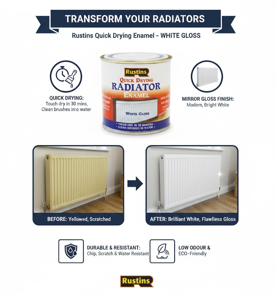 RUSTINS Quick Drying Radiator Enamel Satin - Black 500ml – Durable, Long-Lasting Finish for Radiators That Stands the Test of Time